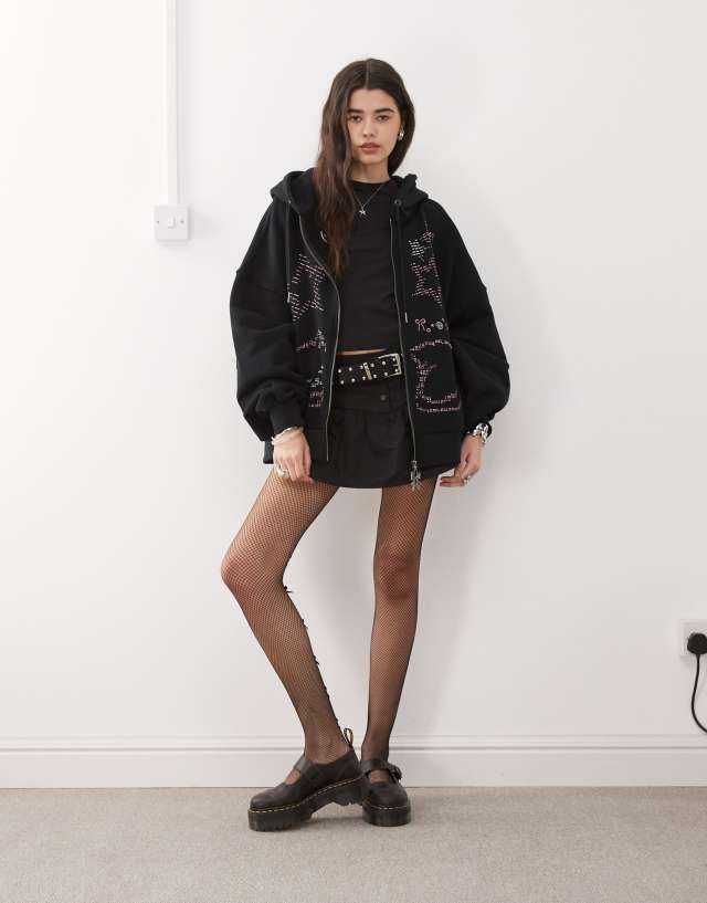 Minga London ASCII cat studded zip up hoodie in black | ASOS