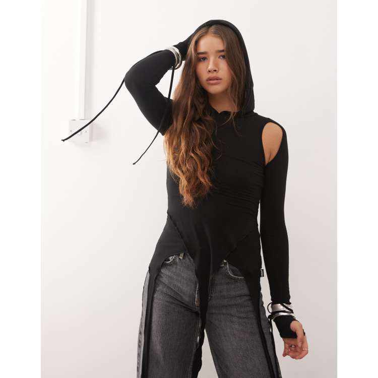 Minga London asymmetric hooded top in black | ASOS