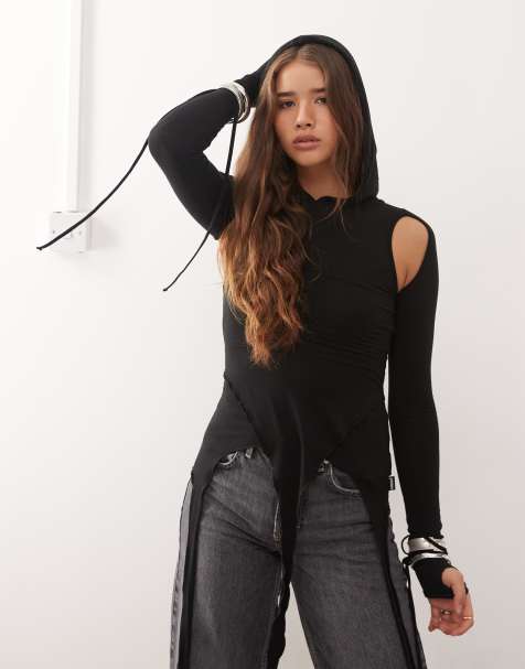 Minga London asymmetric hooded top in black