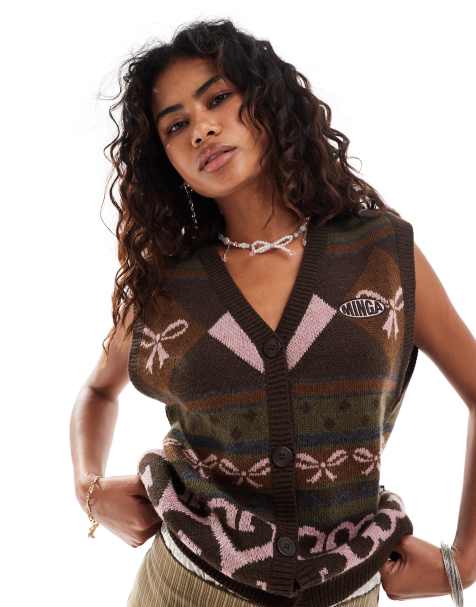 Minga London baggy jacquard cardigan vest in pink bow print - view 1