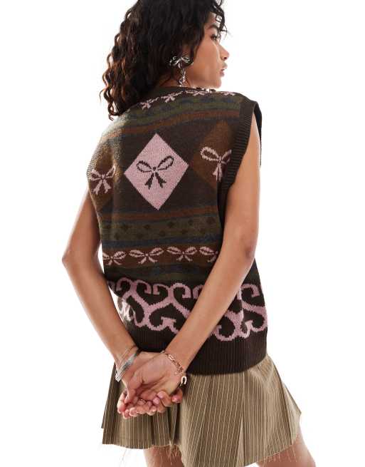 Minga London baggy jacquard cardigan vest in pink bow print, 3 of 4