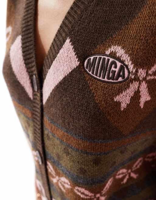 Minga London baggy jacquard cardigan vest in pink bow print, 4 of 4