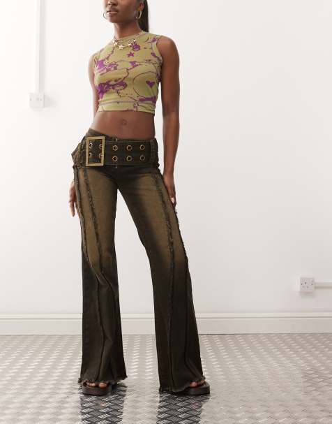 Minga London belted flare jeans in brown overdye - view 1