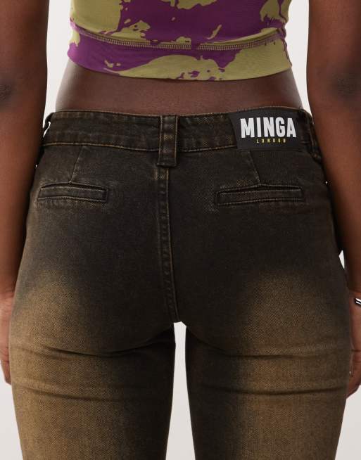 Minga London belted flare jeans in brown overdye, 4 of 5
