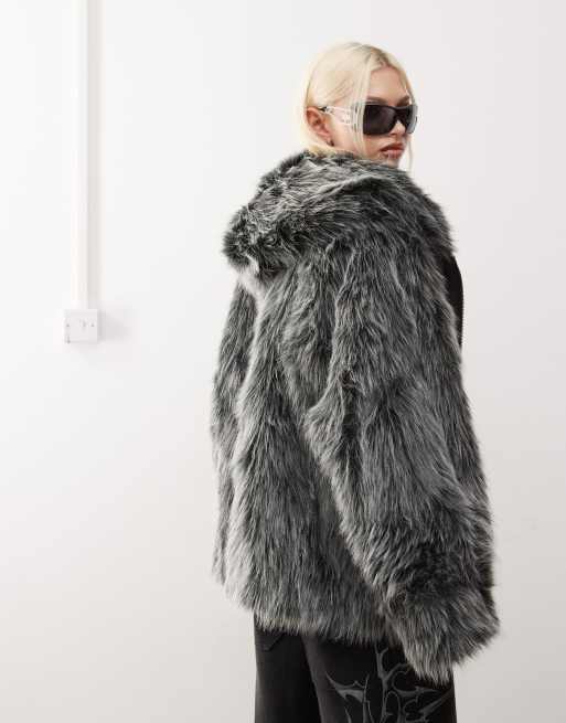 Minga London black and white long faux fur hooded zip up jacket, 2 of 4