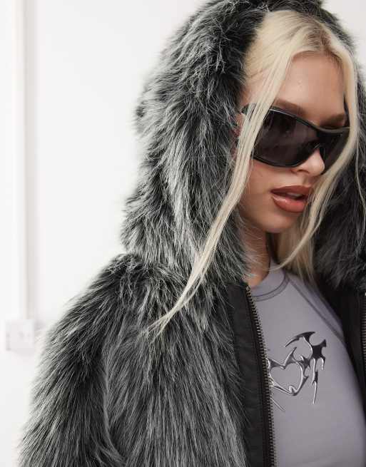 Minga London black and white long fur hooded zip up jacket, 4 of 4