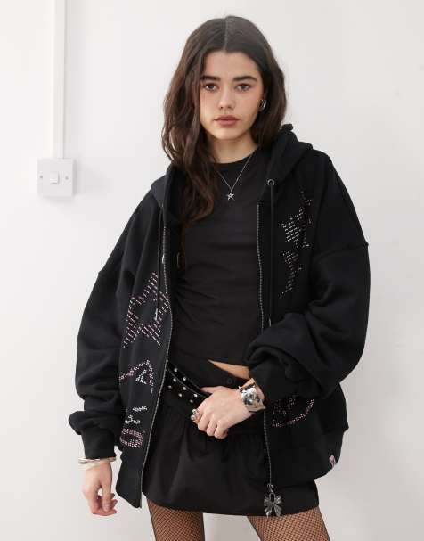 Minga London black ascii cat studded zip up hoodie in black - view 1