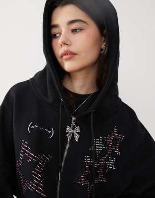 Minga London black ascii cat studded zip up hoodie in black | ASOS