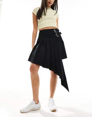 Minga London black asymmetric midi kilt skirt with buckle detailing