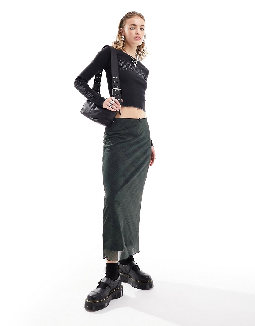 Minga London bow detail slinky 90s midi skirt in green check