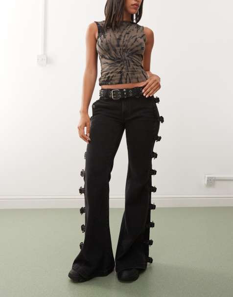 Minga London buckle up strap flared jeans in black - view 1