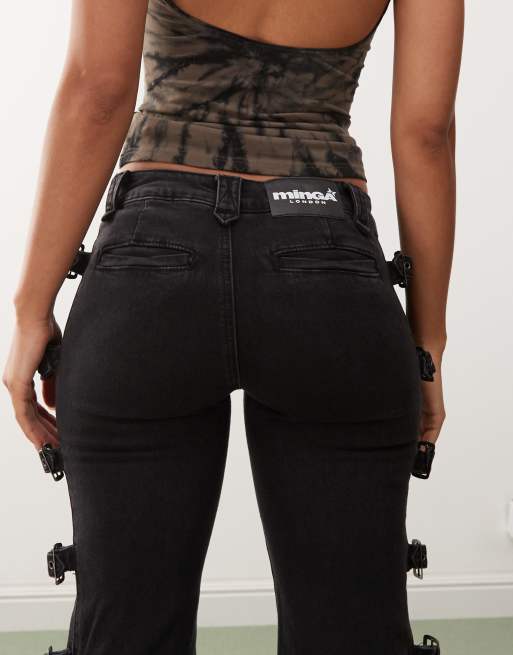 minga London ベルト フレア ジーンズ ズボン 黒 y2k XS Minga London buckle up strap flared jeans in black | ASOS