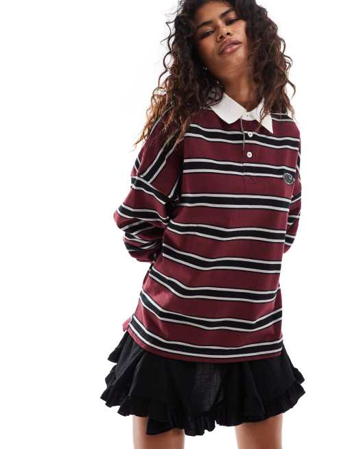 Minga London burgundy striped relaxed rugby polo shirt ASOS