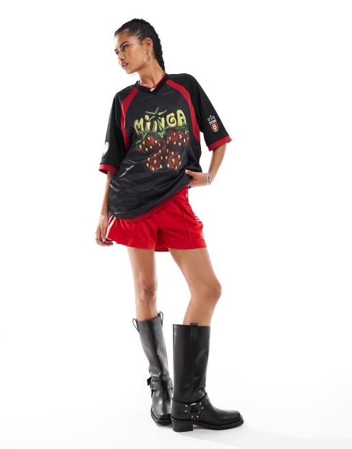 Minga London butterfly graphic football jersey tee in black and red
