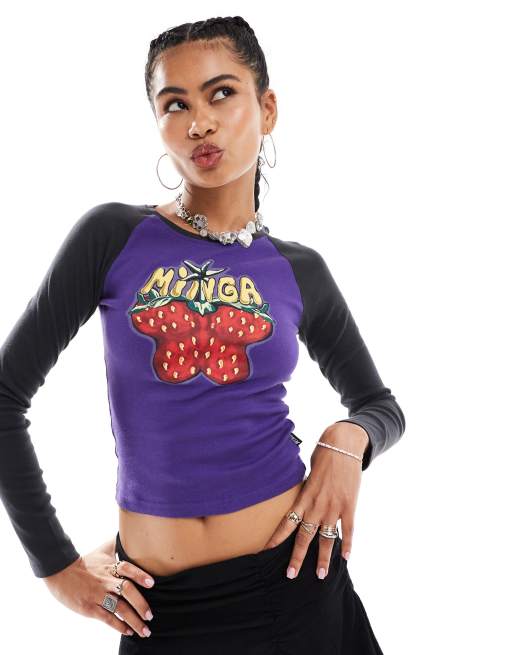 Minga London butterfly graphic long sleeve raglan top in purple