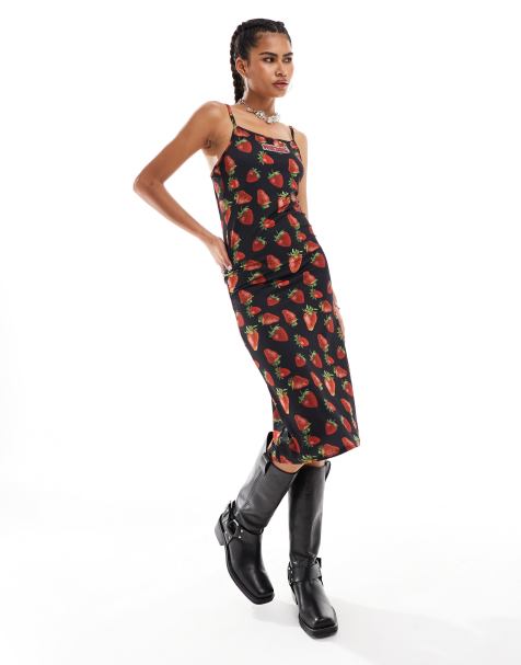 Minga London cami midi dress with strawberries print in black - view 1