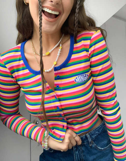 Minga London cardigan top in rainbow stripes