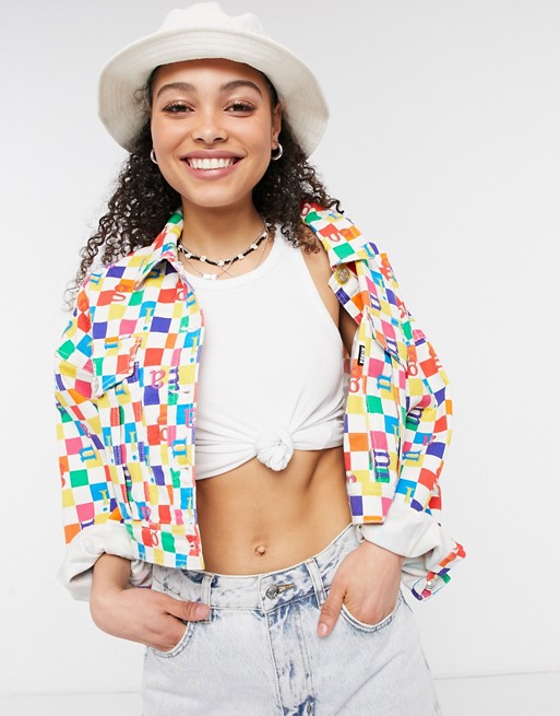Minga London cropped jacket in rainbow check co-ord