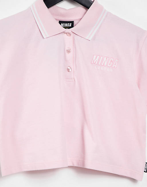 Minga London cropped polo top with logo chest in pink