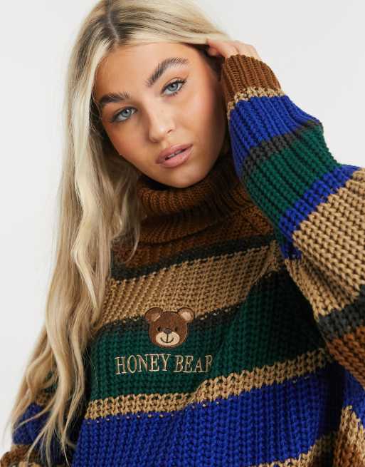 Minga London cropped turtle neck chunky knit sweater with teddy bear  embroidery in stripe