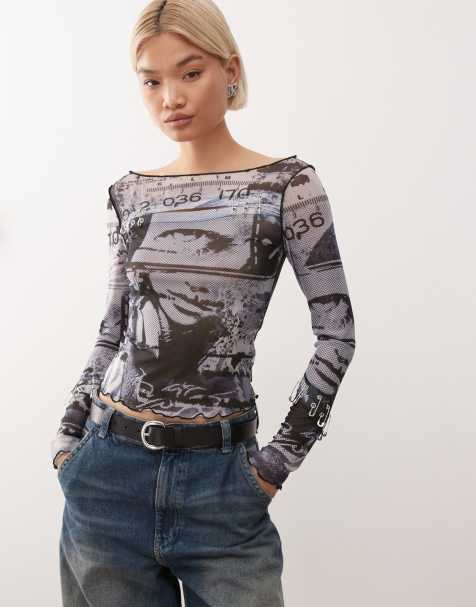 Minga London digital print piercing mesh top in gray - view 1