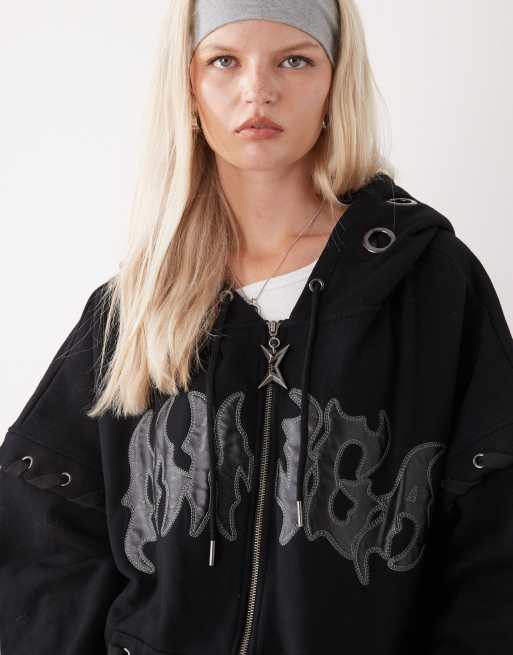 Minga London eyelet patch zip up hoodie in black | ASOS