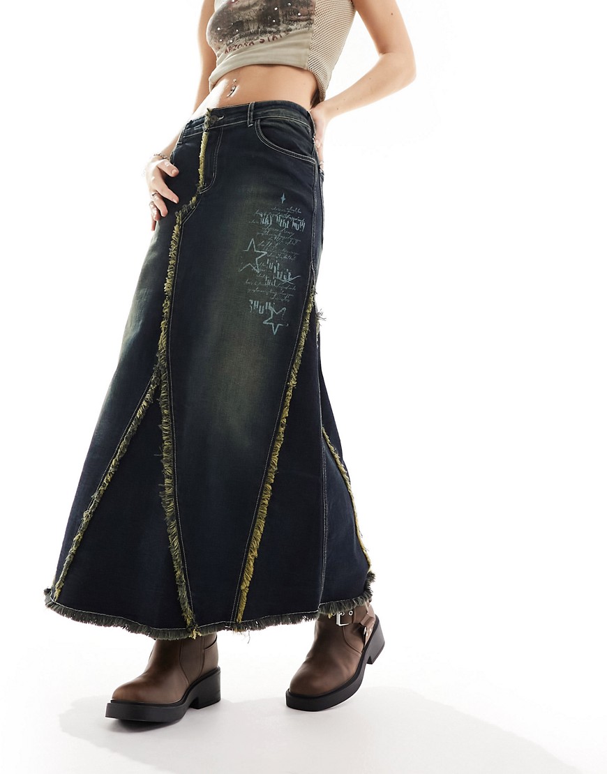 Minga London fit flare maxi denim skirt with Y2K graphic in overdye indigo-Navy
