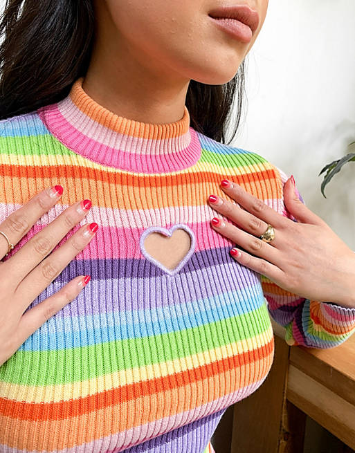 Minga London fitted ribbed long sleeve top in rainbow stripe with heart cut out