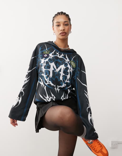 Minga London graphic oversized hooded jersey in black | ASOS