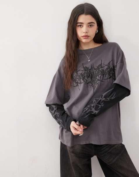 Minga London graphic print double layer t-shirt in gray - view 1