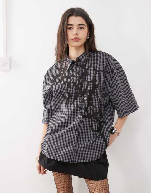 Minga London graphic print shirt in grey and black plaid