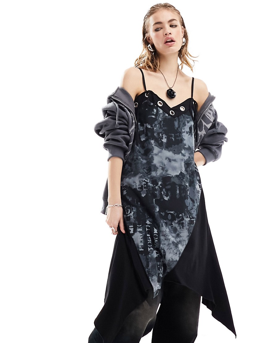 Minga London hanky hem strappy mini dress with grunge graphics in black