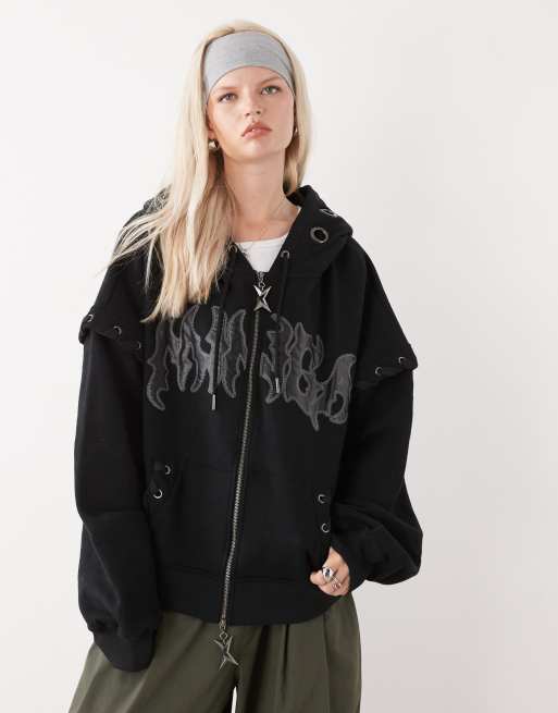 Minga London hooded fray detail top in black