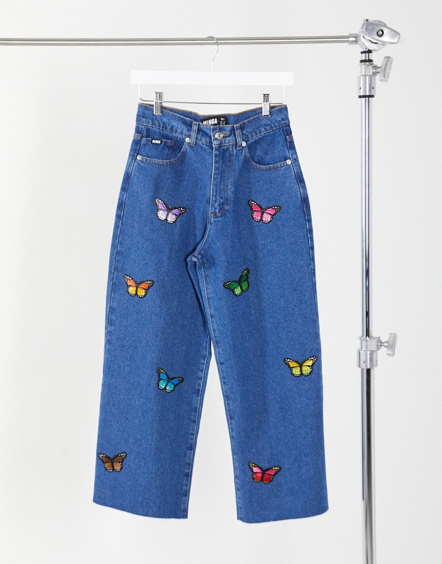 Minga London – Jeans i skater-design med fjärilsbrodyr-Blå