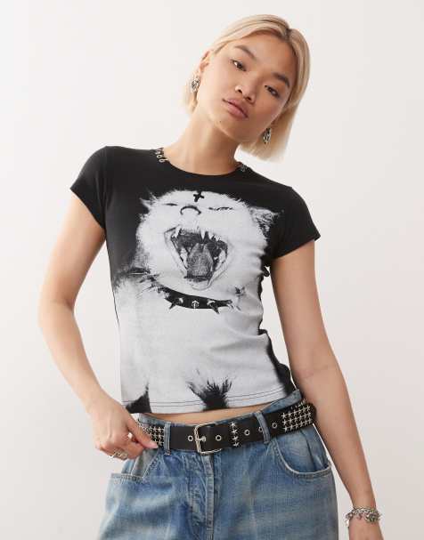 Minga London kitten graphic piereced baby tee in black - view 1