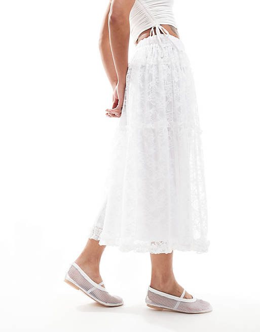 Minga London lace tiered maxi skirt in off white | ASOS