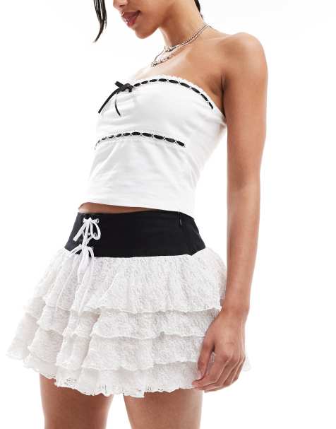 Minga London lace-up belted frill mini rara skirt in white - view 1