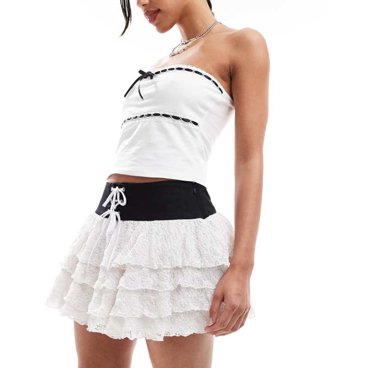 Minga London lace up belted frill mini rara skirt in white ASOS