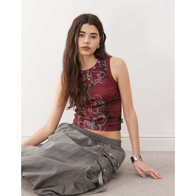 Minga London lost grunge print tank top with grommets in red