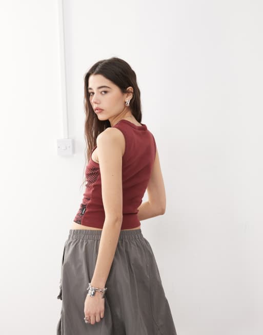 Minga London lost grunge print tank top with grommets in red