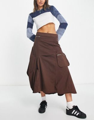 Minga London maxi cotton tech cargo skirt in brown-Grey