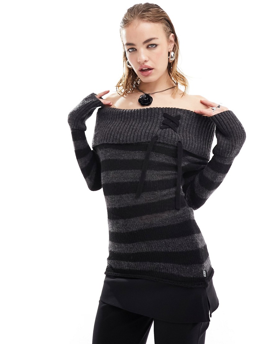 Minga London off shoulder lace up detail stripe knit jumper in black and grey-Multi