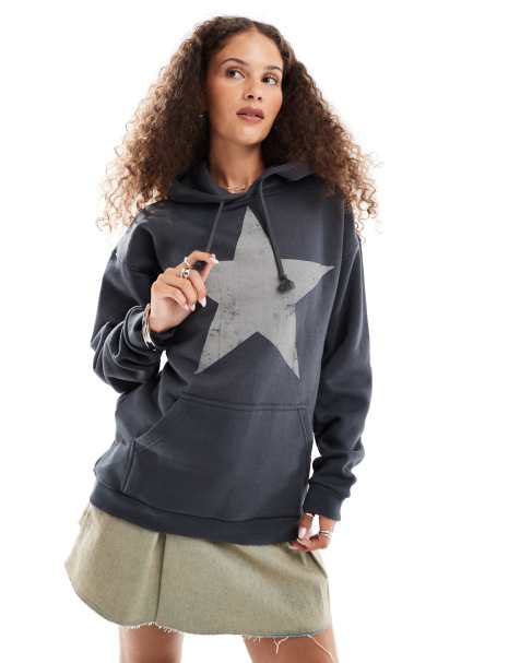 Minga London oversized grunge star hoodie in charcoal grey - view 1