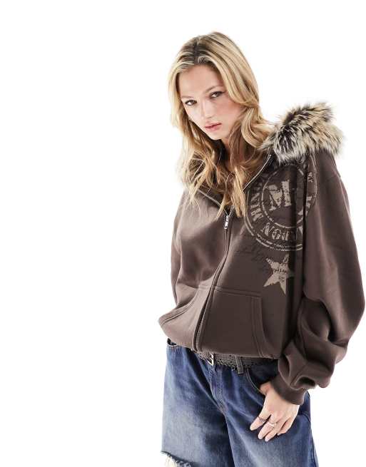 Faux fur trim hooded on sale sweatshirt