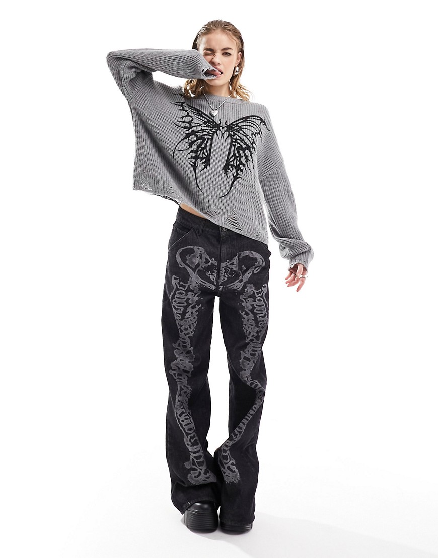 Minga London oversized knitted jumper with butterfly motif in grey