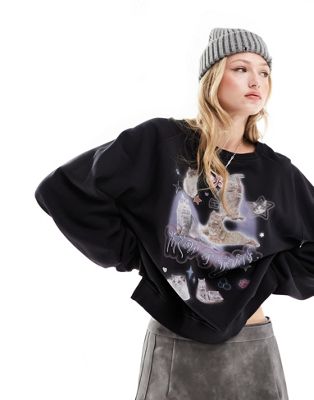 Minga London oversized sweatshirt with mix cat graphic in washed black - ASOS Price Checker