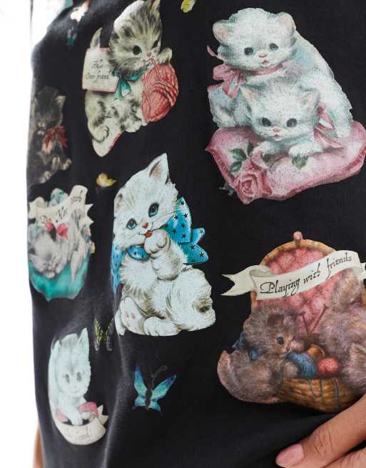 Minga London oversized t-shirt with vintage kittens graphic in black, 3 of 4