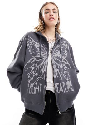 Minga London oversized zip up hoodie with butterfly grunge graphic in charcoal