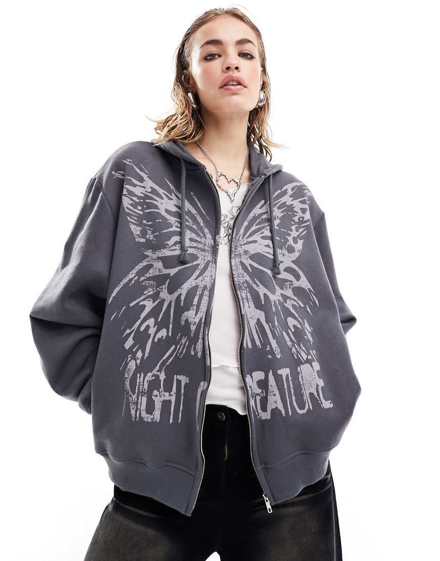 Minga London oversized zip up hoodie with butterfly grunge graphic in charcoal-Black