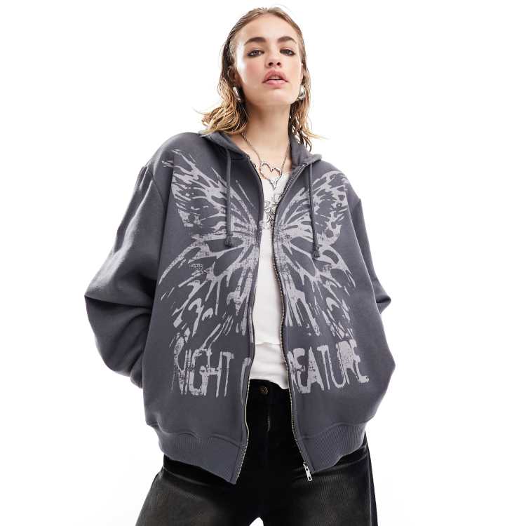 Minga London oversized zip up hoodie with butterfly grunge graphic